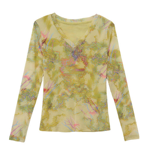 KQL欧货女装2025秋冬时尚洋气高弹网长袖印花V领T恤打底衫上衣批发 商品图4