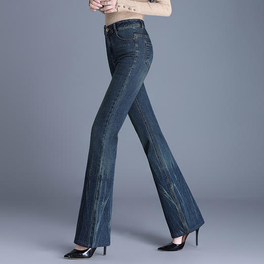 QYM 9852-Y高腰微喇裤时尚气质优雅修身牛仔裤喇叭裤 商品图1