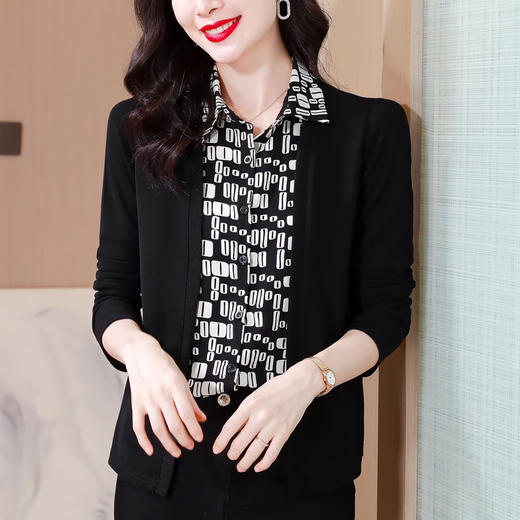 KQL长袖针织拼接衬衫女春秋新款假两件时尚洋气气质大码上衣妈妈衬衣 商品图2