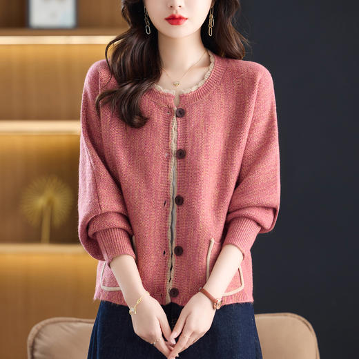 CC春秋设计感时尚针织开衫女减龄毛衣女款2025新款花边圆领花纱上衣 商品图1