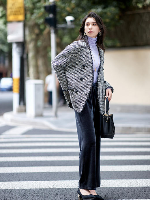 23区日系春季通勤宽松羊毛混纺双排扣格纹外套花呢上衣商场同款 商品图2