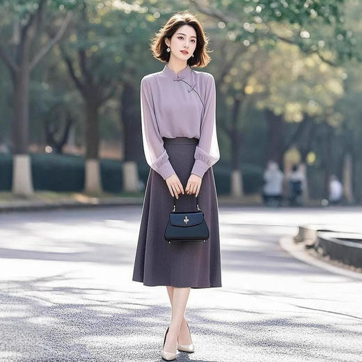 早秋穿搭漂亮独特紫色盘扣两件套装裙子G325A8167080 商品图2