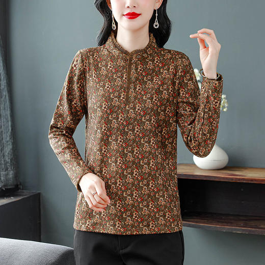 KQL现货秋冬新款女装小立领加厚长袖T恤碎花显瘦打底衫上衣 商品图3