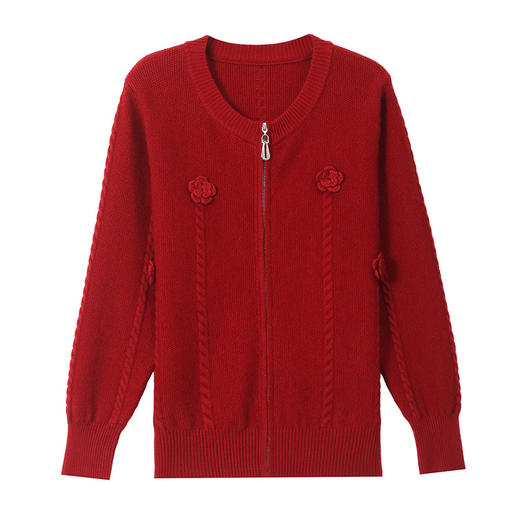 CC圆领拉链休闲女士短外套2025秋季新款立体花朵针织开衫春秋棒球服 商品图4