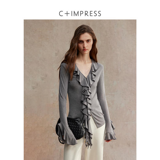 C+IMPRESS/西嘉兰精天丝羊毛花瓣边针织开衫上衣不规则造型感25冬 商品图0