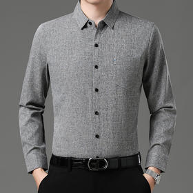 秋季长袖衬衣男士中年商务休闲真口袋棉麻爸爸男装衬衫