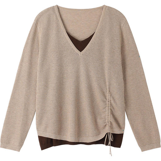 CC2025秋季新款女装美拉德撞色假两件针织衫宽松遮肚子显瘦抽绳上衣 商品图4