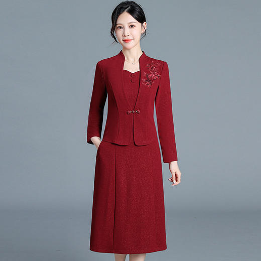 QYM H3371-Y连衣裙假两件裙妈妈装中长款礼服裙 商品图0