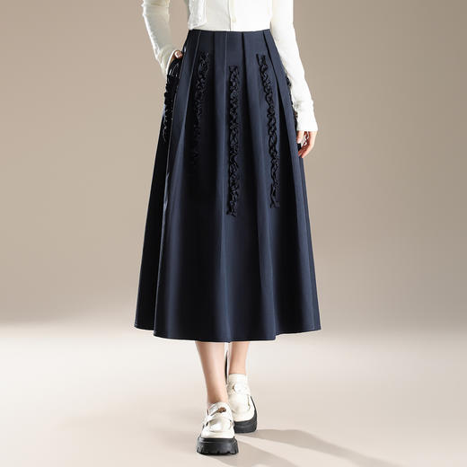 QYM M257-Y木耳边休闲裙高腰百褶裙半身裙时尚中长款气质A字裙 商品图1