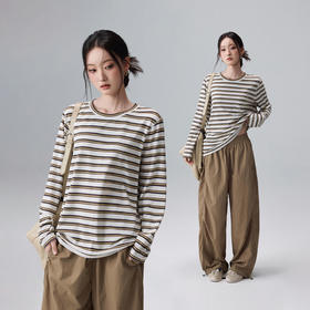 跃牌【周游世界】秋冬新款老钱风亲肤条纹运动长袖透气休闲宽松显瘦上衣TP0987