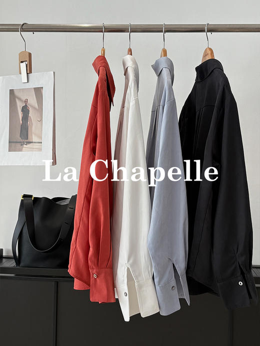 会员福利【挺阔有型/高品质】拉夏贝尔/La Chapelle通勤排扣翻领衬衫女2025秋季新款一字假口袋长袖宽松长袖衬衣 商品图6