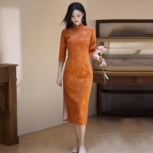 修身收腰橘黄色国风，新中式秋季改良年轻款长袖旗袍	 WZY9438 商品图0
