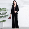QYM 99H225-Y金丝绒三件套妈妈装打底衫+西装外套+长款微喇裤套装 商品缩略图0