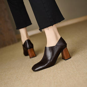 【预售5天】法式深口粗跟单鞋女气质方头高跟鞋春秋真皮通勤踝靴HHY&H2218