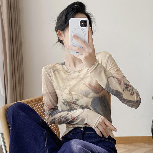 KQL欧货2025秋冬时尚纱网印花定位花长袖圆领修身显瘦洋气上衣潮 商品图3