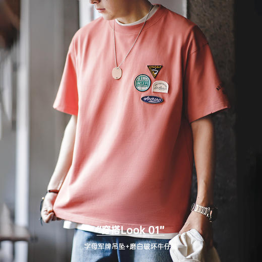 工装优选美式休闲刺绣徽章短袖t恤设计感纯棉圆领五分袖Tee男夏季 商品图3