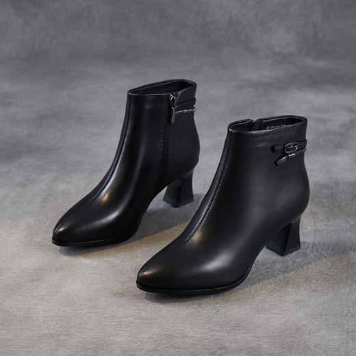 ZM 258699皮靴子尖头瘦瘦靴粗跟高跟显瘦短筒靴 商品图3