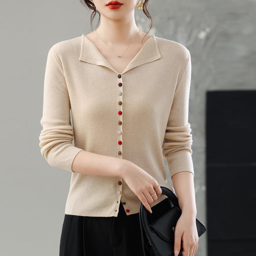 CC翻领彩色纽扣设计感针织衫长袖开衫早秋2025新款气质修身女士上衣 商品图3