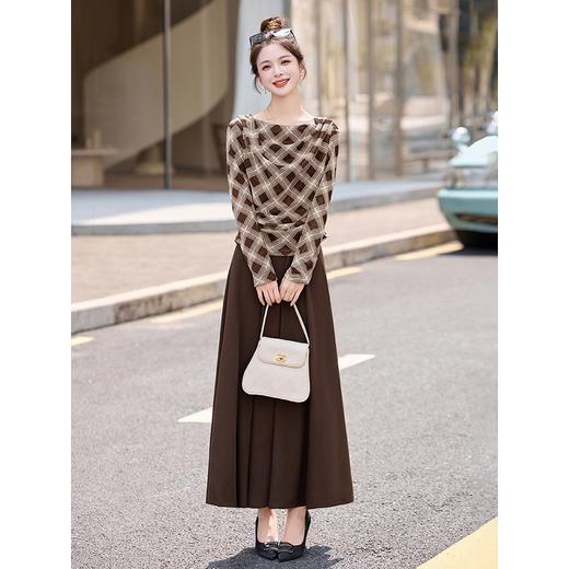 法式设计感格纹上衣长裙套装，气质高级感洋气半身裙两件HR-SNX3185 商品图1