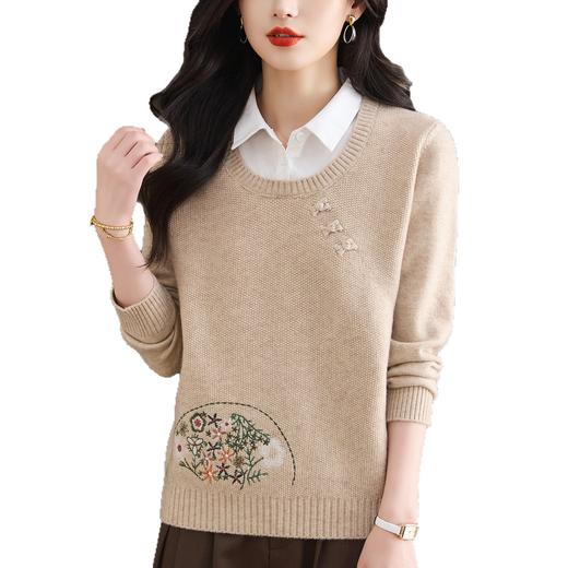 CC绣花刺绣上衣女秋冬拼接假两件毛衣2025年新款漂亮洋气减龄打底衫 商品图4