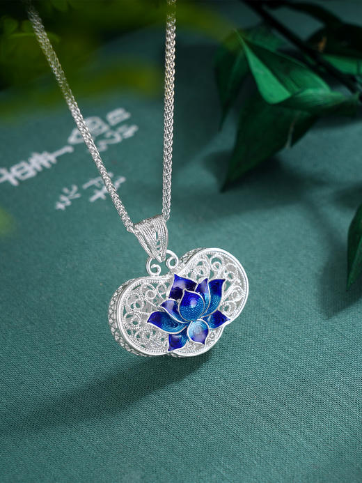 子佩集S990银【荷花福来】套链项链【MXDZ021】纯银花丝蓝色莲花荷花2509 商品图0