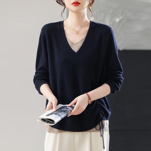 CC2025秋季新款女装美拉德撞色假两件针织衫宽松遮肚子显瘦抽绳上衣 商品图3