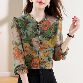 KQL2025秋季新款法式时尚木耳领喇叭袖显瘦简约桑花皱印花上衣女