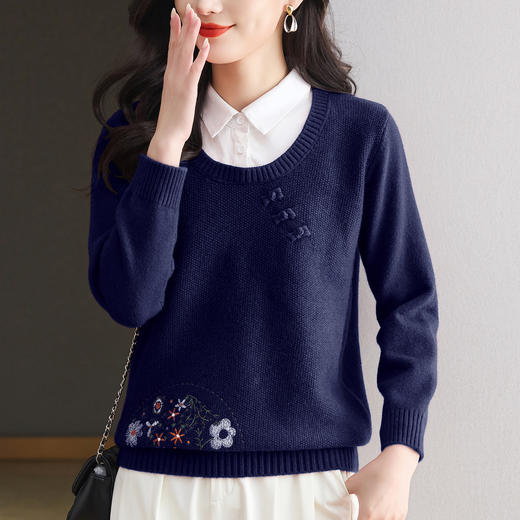 CC绣花刺绣上衣女秋冬拼接假两件毛衣2025年新款漂亮洋气减龄打底衫 商品图2
