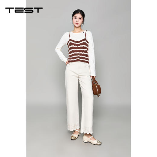 秋上新甜美风白色长袖+波浪纹条纹吊带两件套1253136 商品图1