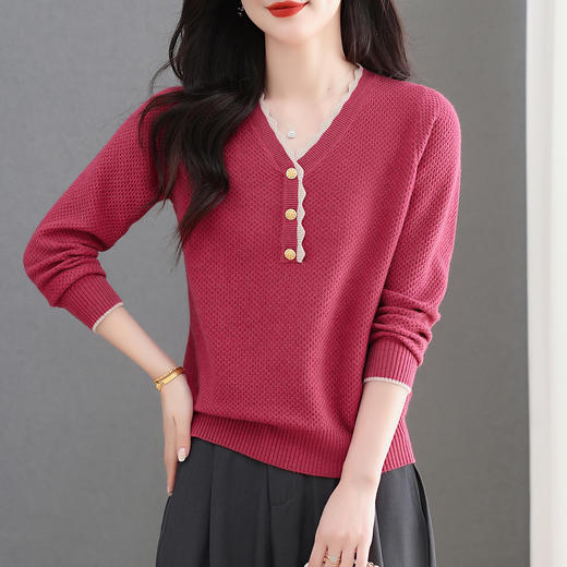 CC女士早秋红色毛衣撞色领边针织衫长袖上衣秋装2025新款V领打底衫 商品图1