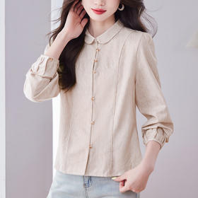 KQL纻衣棉麻圆领长袖衬衫女2025秋季新款文艺条纹衬衣设计感修身上衣