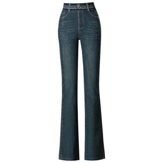 QYM 9855-Y弹力高腰刺绣花牛仔裤微喇裤宽松休闲裤 商品图4