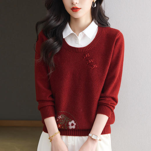 CC绣花刺绣上衣女秋冬拼接假两件毛衣2025年新款漂亮洋气减龄打底衫 商品图3