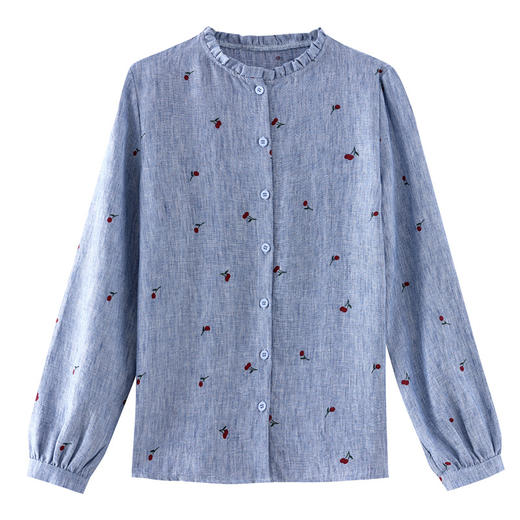 KQL仿麻樱桃印花衬衫女秋季2025新款木耳边立领长袖百搭显瘦洋气上衣 商品图4