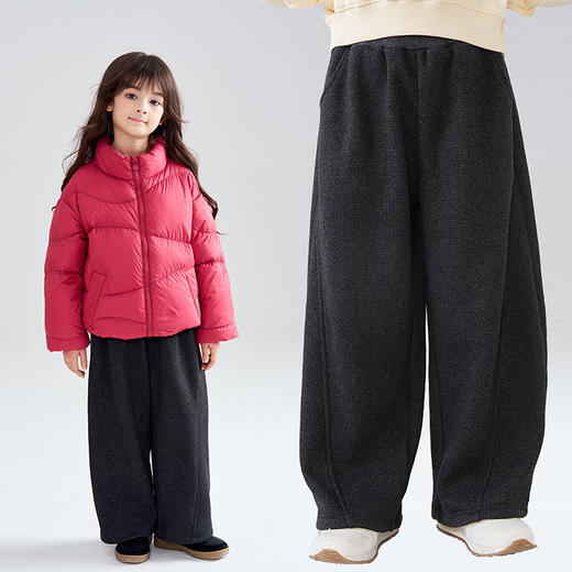 笛莎Deesha 2025冬季女童时尚休闲人字纹加绒弯刀裤廓形长裤 商品图0