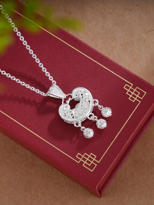 子佩集S990银【清福祥绘】套链【QLTL001】纯银花丝元宝锁项链双面花2509 商品图1