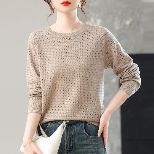CC早秋薄款针织衫长袖镂空上衣秋装2025新款女装圆领宽松打底衫毛衣 商品图0