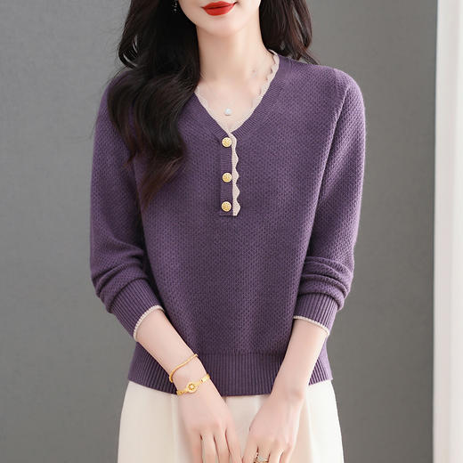 CC女士早秋红色毛衣撞色领边针织衫长袖上衣秋装2025新款V领打底衫 商品图3