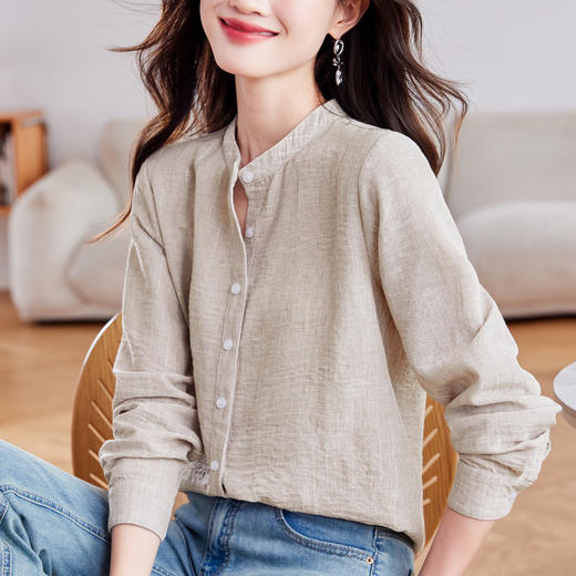 KQL2025春秋高端银丝仿麻长袖单排扣立领宽松显瘦纯色女装衬衫上衣 商品图2