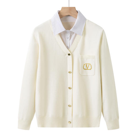 CC衬衫领假两件女针织衫2025年春秋时尚拼色短款毛衣打底衫长袖上衣 商品图4