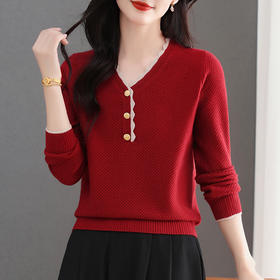 CC女士早秋红色毛衣撞色领边针织衫长袖上衣秋装2025新款V领打底衫