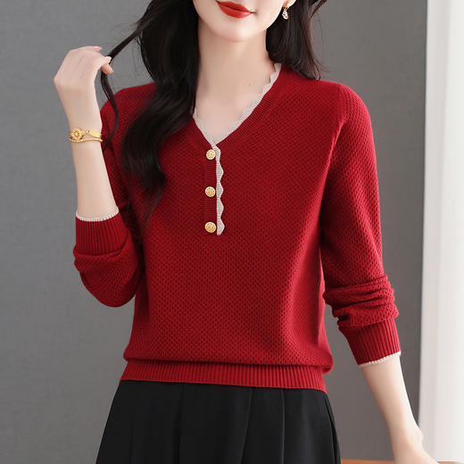 CC女士早秋红色毛衣撞色领边针织衫长袖上衣秋装2025新款V领打底衫 商品图0