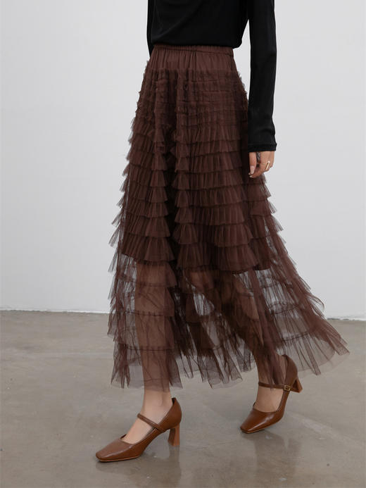 「自」全新升级【铂金会员174/天猫229/差价55】(02655)洛诗琳新款荷叶边网纱半身裙2025秋季复古流苏显瘦高腰大摆压褶A字裙 商品图5