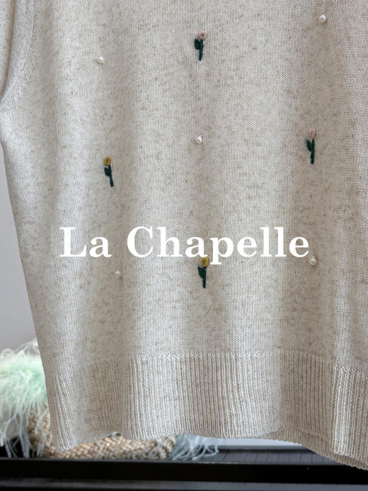 会员福利【精美刺绣+立体珍珠】拉夏贝尔/La Chapelle天丝亚麻针织衫女圆领百搭短袖休闲慵懒毛衣 商品图4