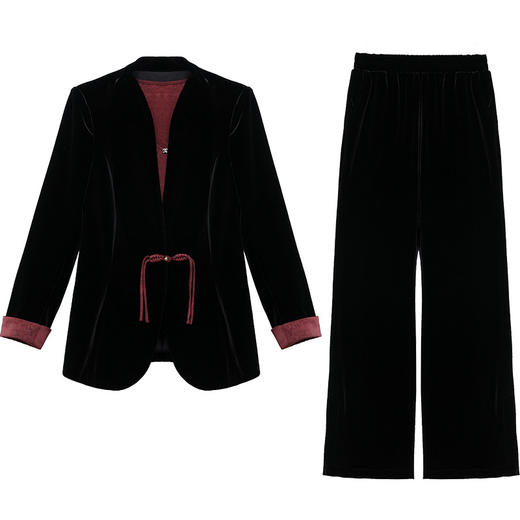 QYM 99H224-Y丝绒三件套时尚妈妈装小衫+西装外套+高腰裤套装 商品图4