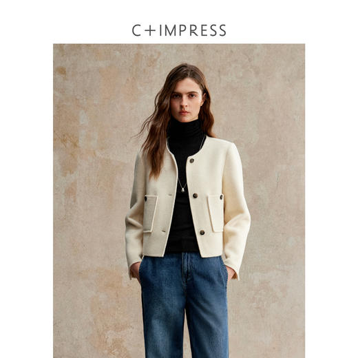 C+IMPRESS/西嘉美利奴羊毛 经典箱型小香风短款圆领双面毛呢外套 商品图1