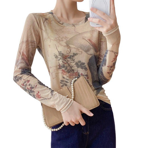 KQL欧货2025秋冬时尚纱网印花定位花长袖圆领修身显瘦洋气上衣潮 商品图4