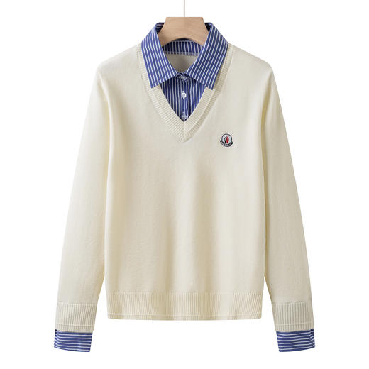 CC时尚洋气衬衣领假两件毛衣女2025年春秋新款针织设计感撞色打底衫 商品图4