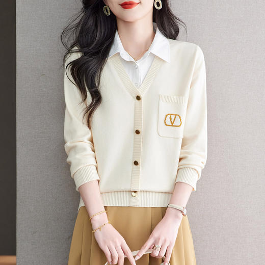 CC衬衫领假两件女针织衫2025年春秋时尚拼色短款毛衣打底衫长袖上衣 商品图2