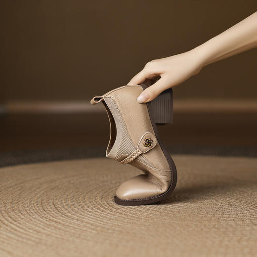 【预售5天】复古羊皮针织拼接深口单鞋，真皮一字带粗跟中跟小皮鞋LD&7438 商品图3